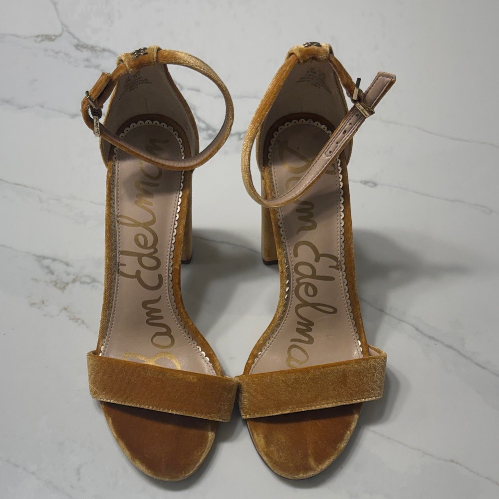 Sam Edelman Gold Velvet Ankle Strap Block Heels